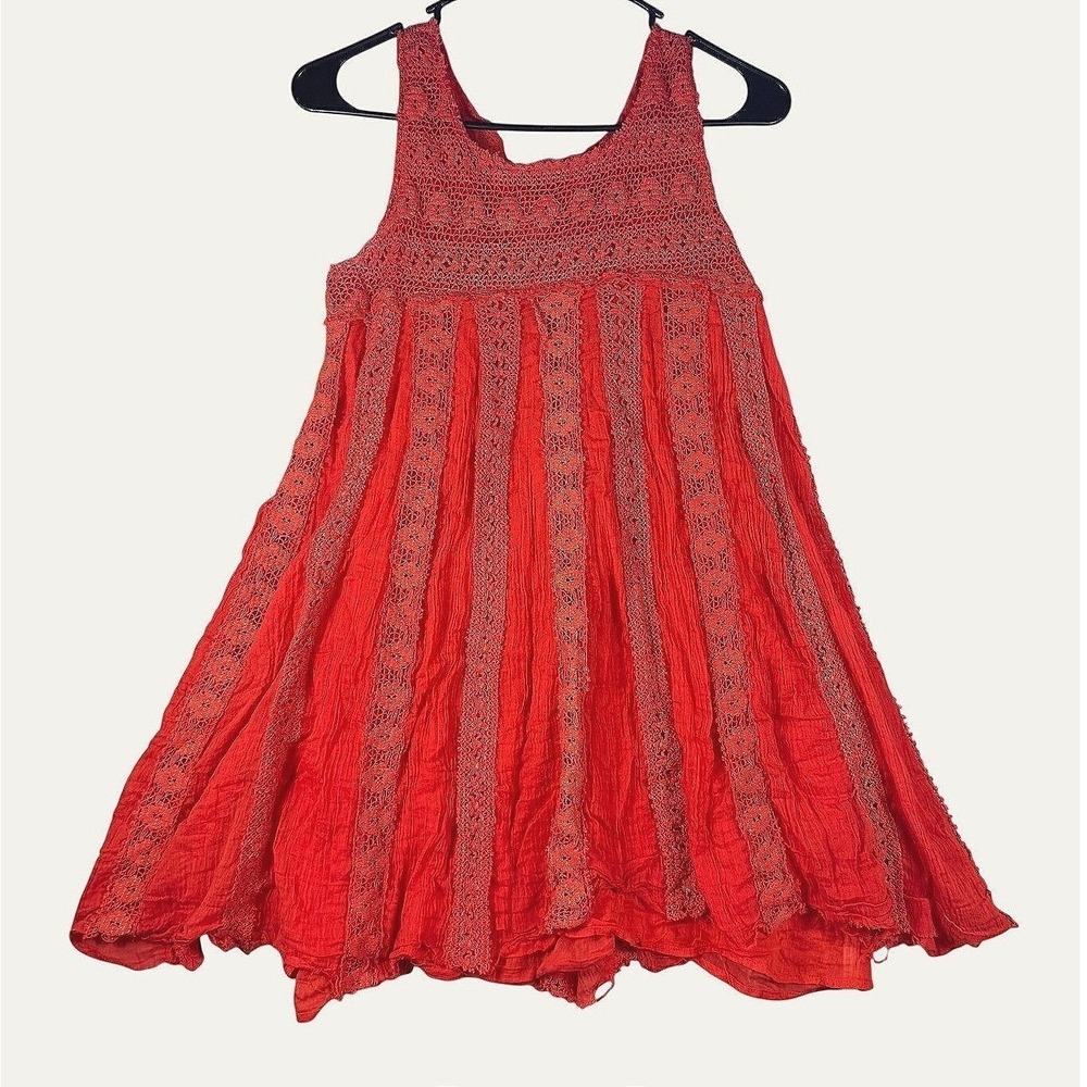 Free People FP One Annabella Dress Coral Gold Foil Crochet Gauze Boho Gauze